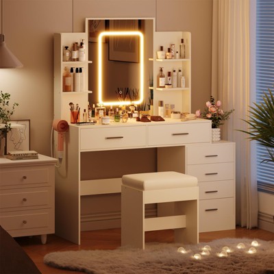 Vanity Makeup Desk with Stool, 6 Drawers, LED Mirror & Power Strip