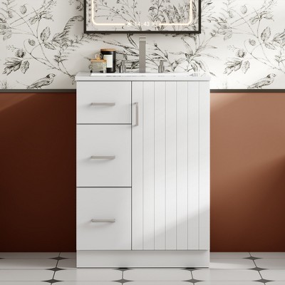 24" Modern Small Bathroom Vanity with Ceramic Sink, Bathroom Cabinet with 2 Drawers & Soft-Closing Door - ModernLuxe