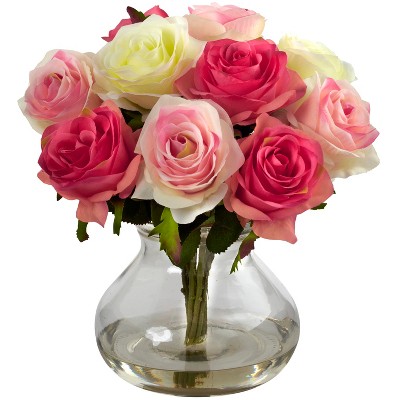 Nearly Natural Rose Arrangement with Vase, Assorted Pastels