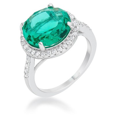 Slickblue Classic Women’s 7.3ct Emerald Green CZ Ring, Rhodium Pave Setting, Beautiful Statement Piece, Sizes 5-10
