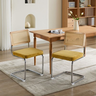 CENGHU Mid-Century Modern Dining Chairs Set of 2, Velvet Accent Chairs with Natural Cane Back & Stainless Chrome Base