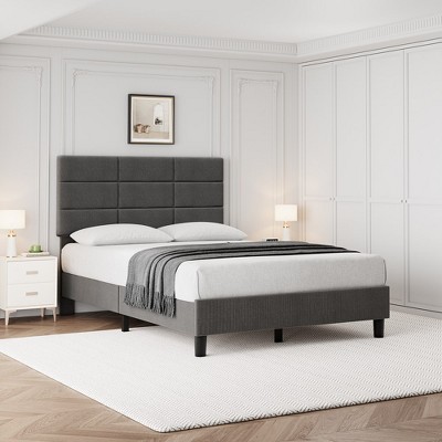 Whizmax Bed Frame Upholstered Platform with Headboard and Strong Wooden Slats,Non-Slip and Noise-Free,No Box Spring Needed, Easy Assembly, Gray