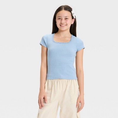 Girls' Lace Trim Short Sleeve Pointelle T-Shirt - art class™
