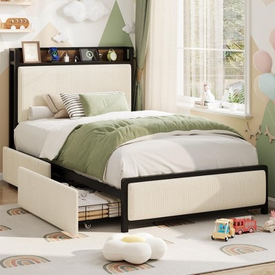 Twin Size Bed Frame with 2 Storage Drawers and Charging Station, Rustic Velvet Upholstered Platform Bedframe with Storage Headboard