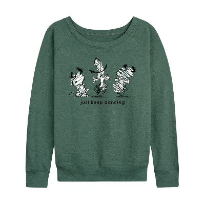 Women's - Peanuts - Snoopy Just Keep Dancing Lightweight French Terry Wide Neck Long Sleeve Graphic Shirt