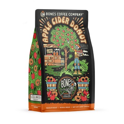 Bones Coffee Company Apple Cider Donut, Apple Cider and Donut Flavor 12 oz (Whole Bean)