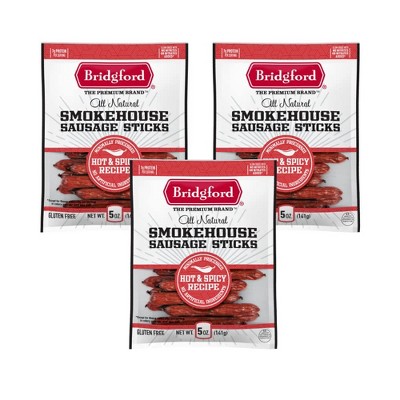 Bridgford Smokehouse Sausage Sticks Hot & Spicy 5 oz - Gluten Free High Protein Smoked Sausage Sticks for Many Dietary Preferences