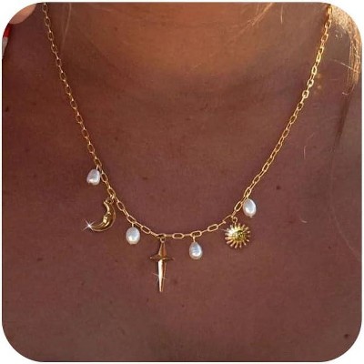 Dainty Gold Paperclip Charm Necklace With Shell, Moon, Star, Cross & Hexagram Pendant - Non-Tarnish Summer Beach Jewelry For Women
