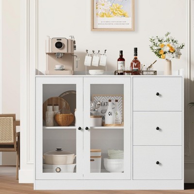 Sideboard Buffet Cabinet with Storage, 43" Coffee Bar Cabinet with Glass Doors and 3 Drawers, Storage Cabinet with Adjustable Shelves