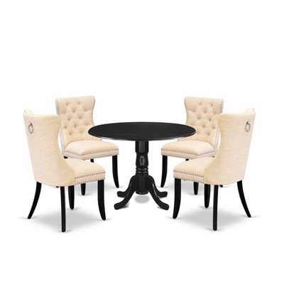 East West Furniture, 5 Piece Dining Table Set Contains a Round Kitchen Table with Dropleaf and 4 Upholstered Chairs, Black
