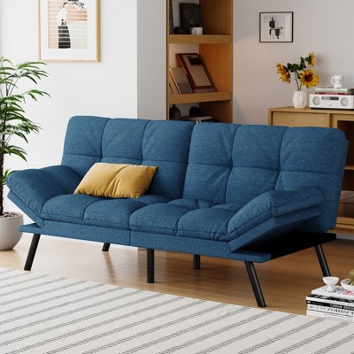 Dyonery Futon Sofa Bed Convertible Couch, Linen Sofa Bed with Memory Foam, Adjustable Backrest & Armrests, Multifunctional Small Loveseat