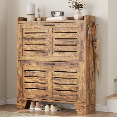 Shoe Storage Cabinet, 2 Flip Drawers, Narrow Design, Hidden Slim Organizer for Entryway, Freestanding, Hooks and Rack, Wood