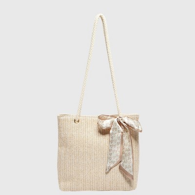 Anna-Kaci Women's Straw Woven Tote Bag with Bow Accent - Lightweight Summer Casual Shoulder Bag