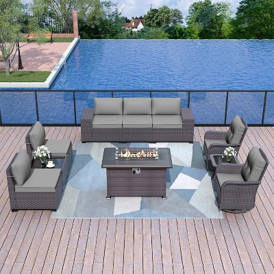 ALAULM 10 Pieces Patio Furniture Set, Rattan Wicker Outdoor Conversation Sets w/43"Propane Fire Pit Table, Swivel Rocking Chairs