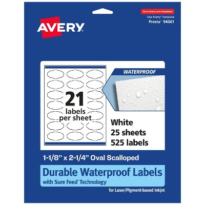 Avery Durable Waterproof Oval Scalloped Labels with Sure Feed, 1-1/8" x 2-1/4"