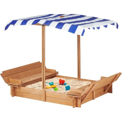 KTMBDW Wooden Sandbox with Lid, Kids Sandbox with Canopy Outdoor, Sandboxes with Covers Foldable Bench Seats for Backyard, Gift for Ages 2-8