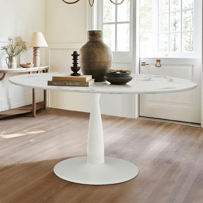 59'' Oval Dining Room Table with Pedestal Base in White for Dining Room, Indoor Furniture - Maison Boucle