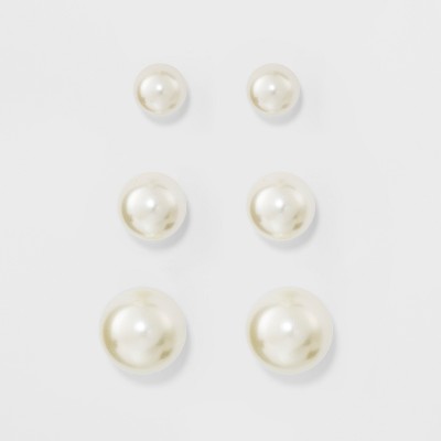 Faux Pearl Stud Earring Set 3ct - A New Day™ Silver: Glass, Brass, Nickel-Free Metal, Post Closure, 0.25" Dimensions