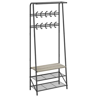 4-in-1 Entryway Hall Tree with Coat Rack, Shoe Bench & Hooks, Industrial Metal Frame Organizer