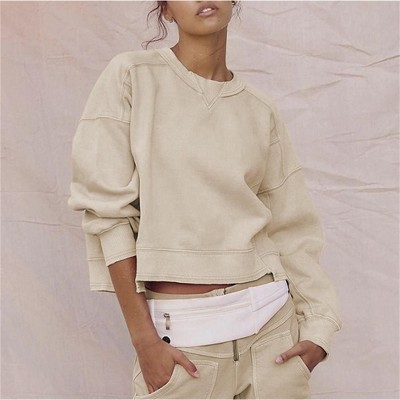 Womens Casual Sweatshirt Long Sleeve Tops Crewneck Loose Fit Tee Pullover Crop Tshirt Side Slit Fall Fashion 2025