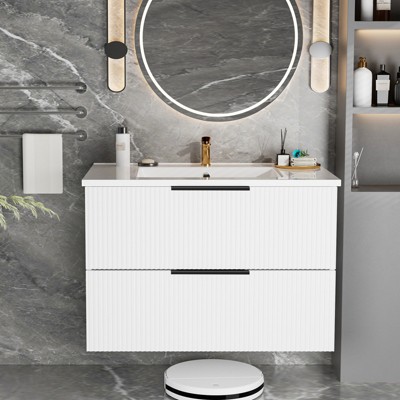 GDFStudio Francoise Wall Mounted Floating Fluted Bathroom Vanity with Ceramic Sink and 2 Drawers