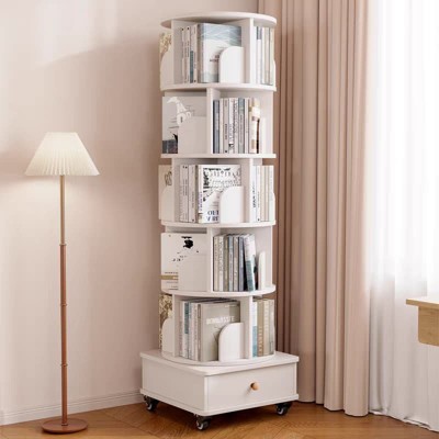 Rotating Bookshelf, 360 Degree Display 5 Tier Corner Bookshelf with Drawer