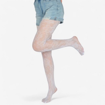 Anna-Kaci Women's 2-Pair Floral Lace Pattern Sheer Tights with Stretch Fit Suitable Height 5'1-5'8 - White