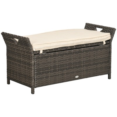 Outsunny 29 Gallon Patio Wicker Storage Bench, Outdoor PE Rattan Patio Furniture, 2-In-1 Footstool Rectangle Basket Box w/ Handles and Cushion