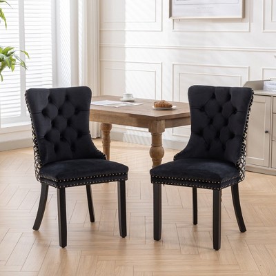 2pcs Upholstered Dining Chair with Ring Pull Trim, Button Back,Solid Wood Legs,Pattern Modern Chair for Kitchen Living Room Bedroom Black