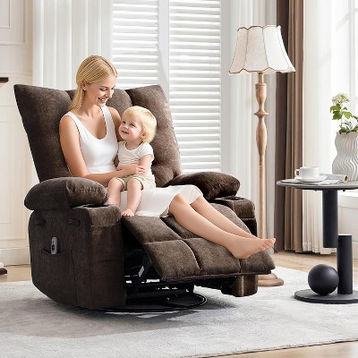 Swivel Recliner Sofa with Massage & Heat-Oversized Ergonomic 360°Rotating Rocking Chair,Thick Padding,Side Pocket & Cup Holders