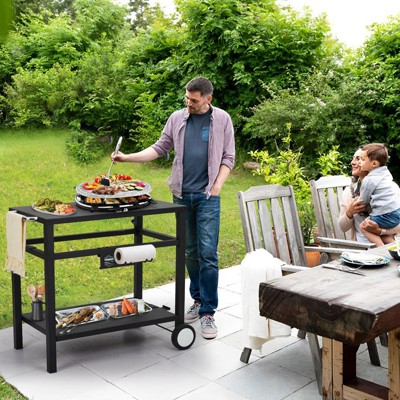 Garvee Outdoor Grill Cart Pizza Oven Stand, BBQ Prep Table with Wheels & Hooks, Side Handle, Double-Shelf Grilling Cart Griddle Cooking Station