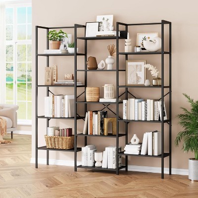 Jojoka Triple Column 5-Tier Bookshelf, 14 Open Shelves Bookcase, Industrial Storage Shelf for Living Room, Home Office, or Study， Black