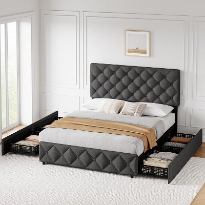 Jojoka Bed Frame with Headboard Adjustable,Upholstered Platform Bed Frame with 4 Drawers,Wooden Slats Supports