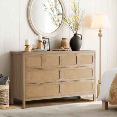 GustoWave 6 Drawer Dresser, Rattan Dresser for Bedroom with Metal Handles, Farmhouse Wood Storage Chest of Drawers for Bedroom, Living Room