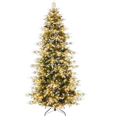 Christmas Tree, Flocked Christmas Tree with Pine Cones, 240 Warm White Lights-8 Modes, Automatic Hinged Expansion,PE & PVC  for Porch