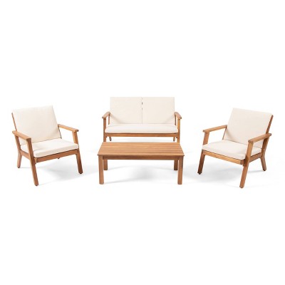 Temecula Outdoor Acacia Wood 4 Seater Chat Set with Cushions - Brown Patina/Cream - Christopher Knight Home