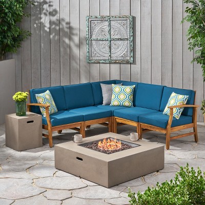 GDFStudio Biella Outdoor Acacia Wood 5 Seater Sectional Sofa Set with Fire Pit