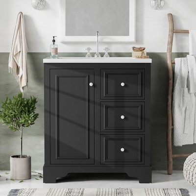 Whisen 30" Bathroom Storage Cabinet, Bathroom Vanity with Ceramic Sink, 3 Drawers and Adjustable Shelves