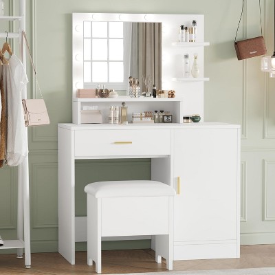Vanity Desk with Mirror and Bulbs, Makeup Table with Drawers, Open Shelves, Cabinet & Upholstered Stool for Bedroom, White