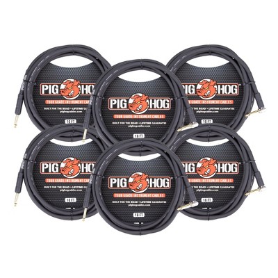 Pig Hog Tour Grade 10ft Instrument Cable 1/4" to 1/4" Right Angle to Straight Connectors (PH10R) - 6 Pack