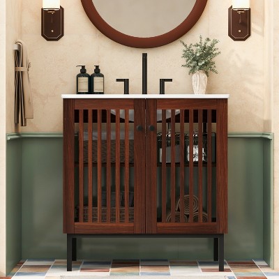30" Vintage Bathroom Vanity with Ceramic Sink, Soft-Close Fence-Design Doors, Large Storage, Sturdy Iron Legs, Antique Dark Brown - Merax