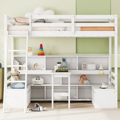 Twin Size Loft Bed with Storage Shelves, Drawers and Desk