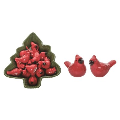 Transpac Dolomite 13 Inch Multicolor Christmas Cardinal Salt and Pepper Shaker Tree Bowl Set of 17 Decorative Ceramic