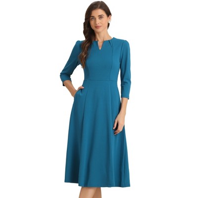 INSPIRE CHIC Women's Elegant Split Neck Side Zipper Pockets 3/4 Sleeve Work A-Line Dress