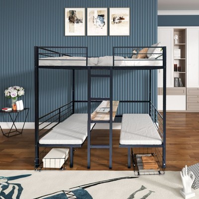 NicBex Twin Bunk Bed Convertible Metal Bed Frame with Table, 2 Benches, 2 Drawers, Ladder and Full Length Guardrail, No Box Spring Required