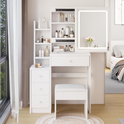 CAVINAS Vanity Desk with Mirror Makeup Table with Charging Station, Stool for Apartment, Bedroom, Hair Dryer Bracket