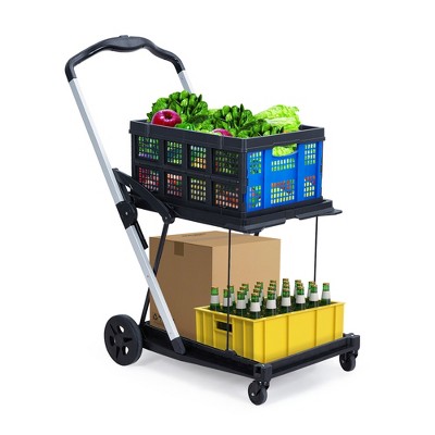 Foldable Shopping Carts for Groceries, 2-Tier Collapsible Grocery Carts with Wheels and Removable Storage Crate, Aluminum Frame Folding Trolley