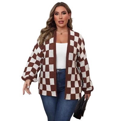 Coolmee Women's Long Sleeve Plus Size Sweater Checkered Cardigan Open Front Outerwear Tops