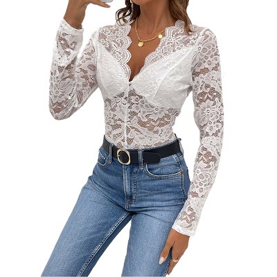 Womens Lace Long Sleeve Little Stretch Bodysuit V Neck Sheer Mesh Cheeky Body Suit Lace Back Slim Fit Jumpsuits Stretch Hollowout Leotard