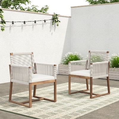 Set of 2 Acacia Wood Patio Chairs with Handwoven Rope Back and Arms, Outdoor Dining Chairs with Water-Resistant Cushions - Christopher Knight Home